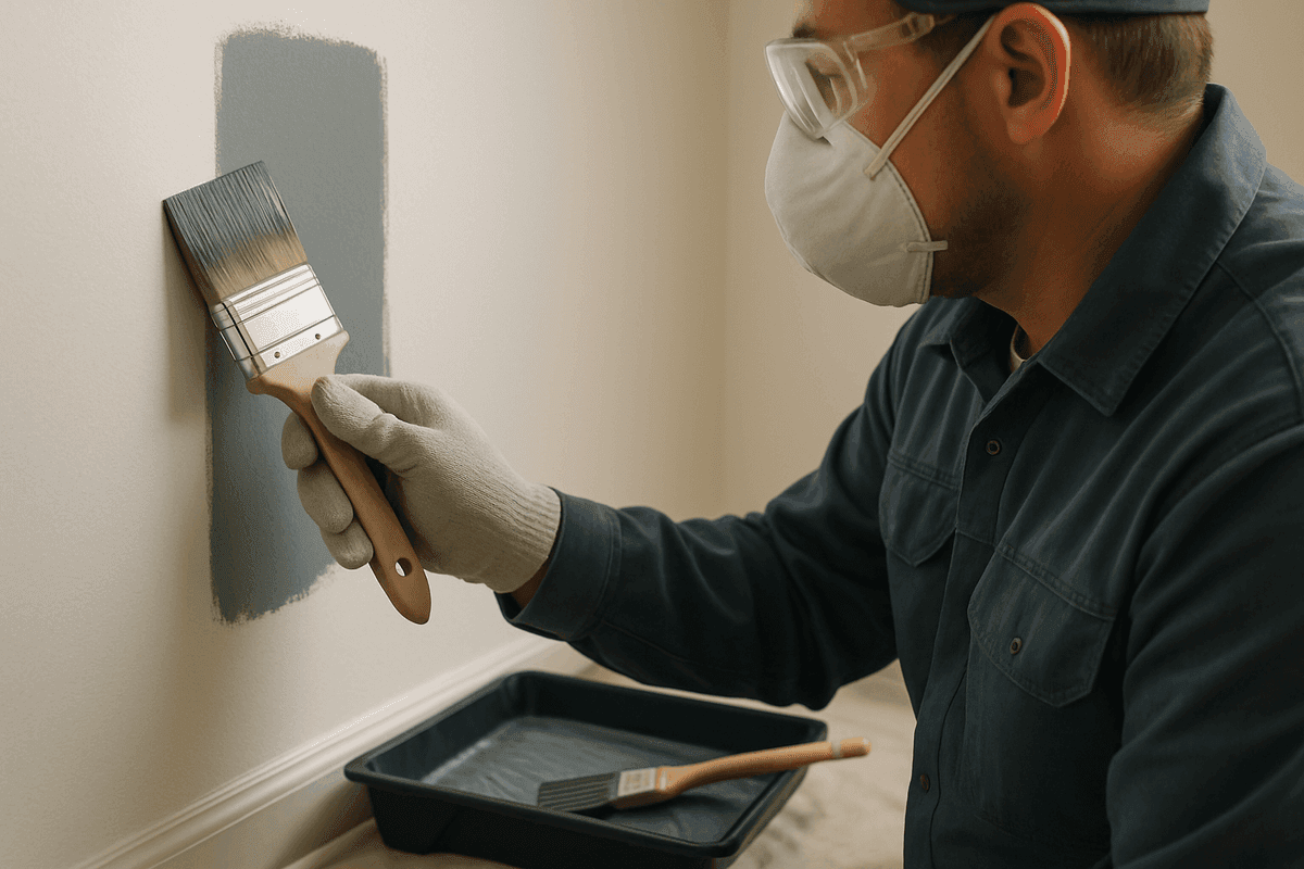 Close-up of gloved hands applying smooth gray paint on a clean interior wall.