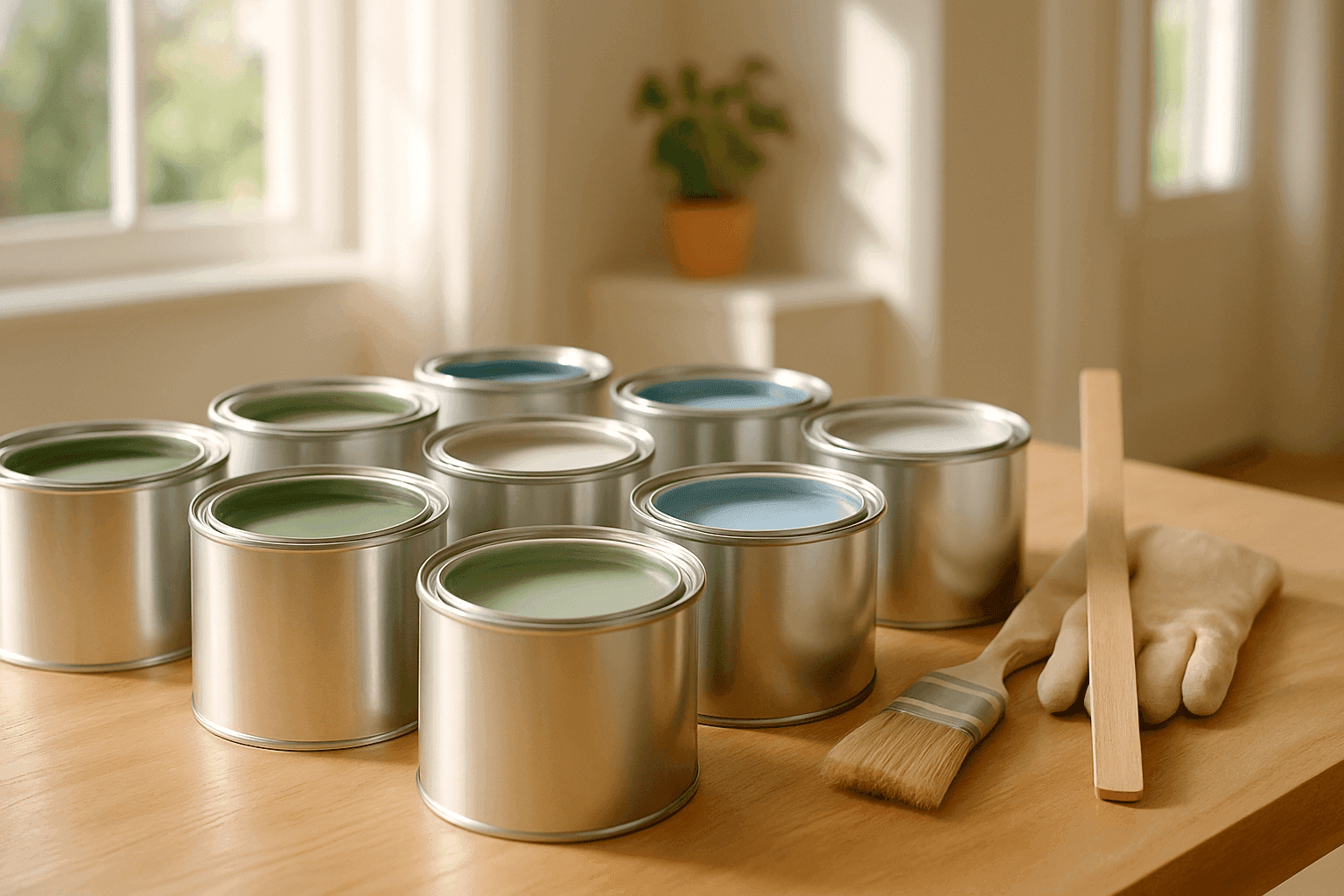 Open paint cans labeled eco-friendly on a wooden table in a bright room
