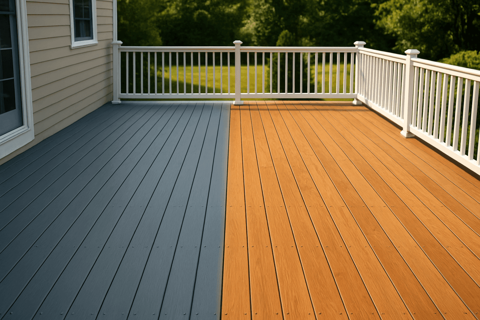 Closeup of a deck with half painted and half stained boards under sunlight