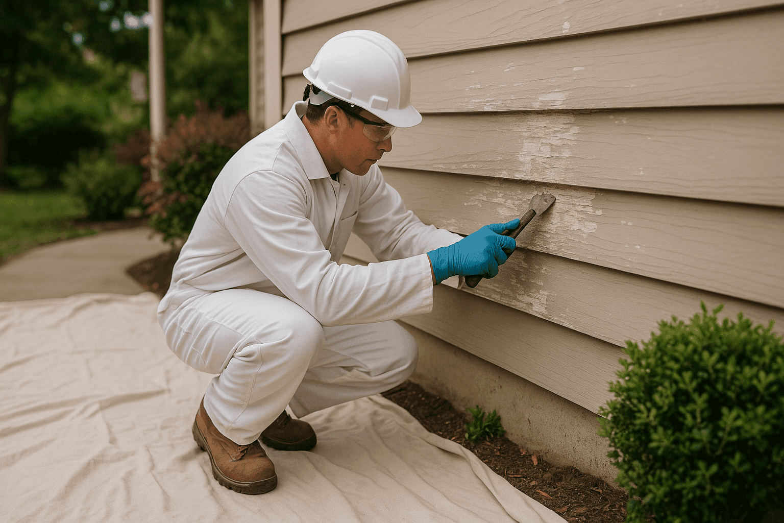 Professional painter preparing a home's exterior siding for painting with safety gear
