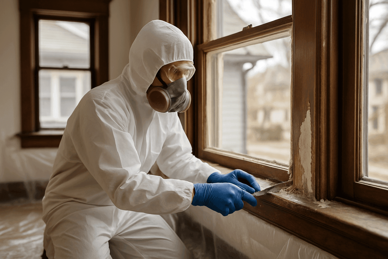Worker in protective gear safely removing paint from an old window frame