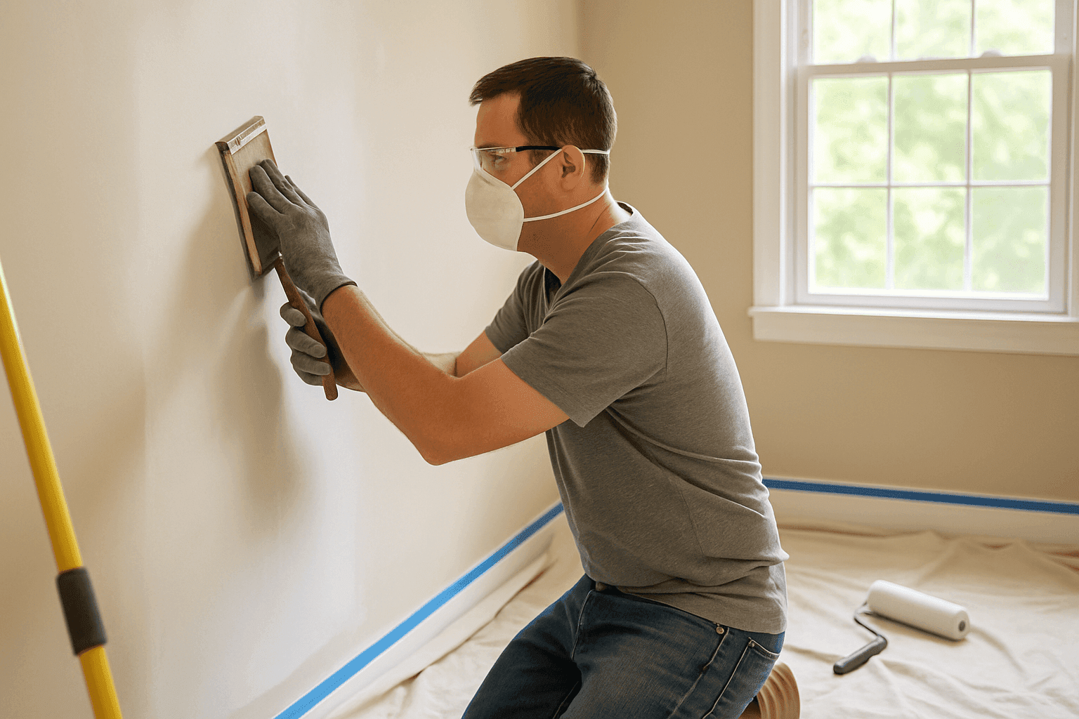 Homeowner sanding and priming a wall before painting, with drop cloths and masking tape