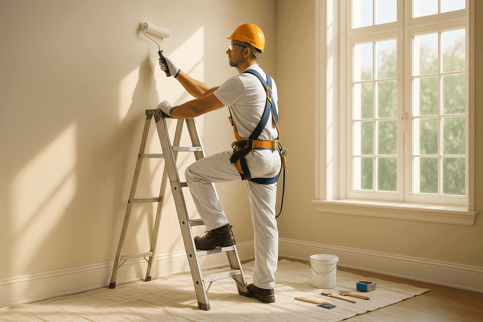 Professional painter on a ladder painting a high wall with safety harness and clean tools